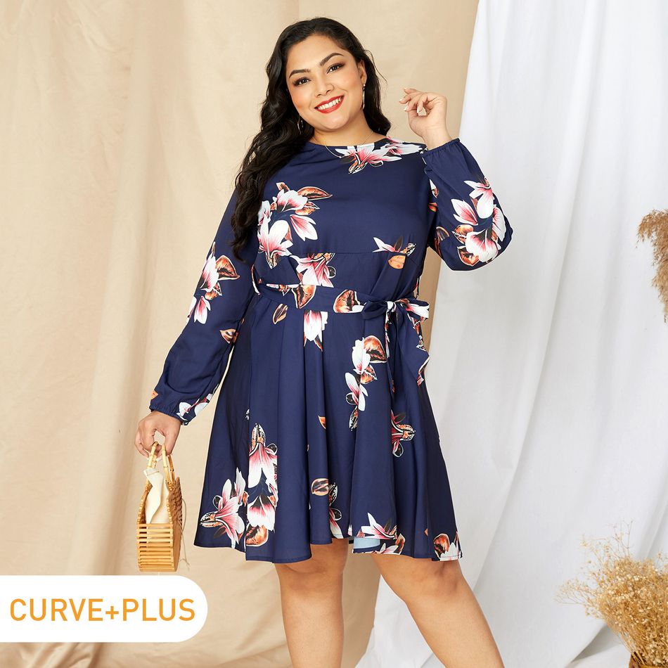 Women Plus Size Vacation Floral Print Round-collar Belted Long-sleeve Dress Royal Blue
