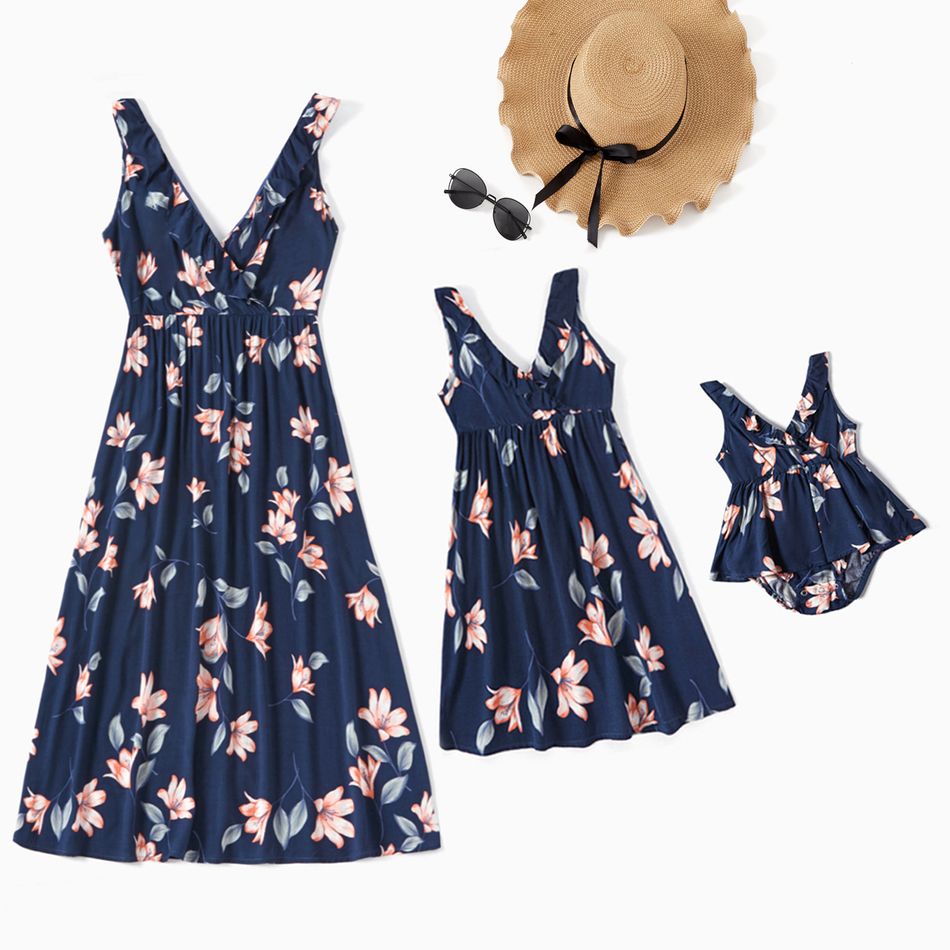 Floral Print Blue Deep V Ruffle Sleeveless Tank Dress for Mom and Me Royal Blue