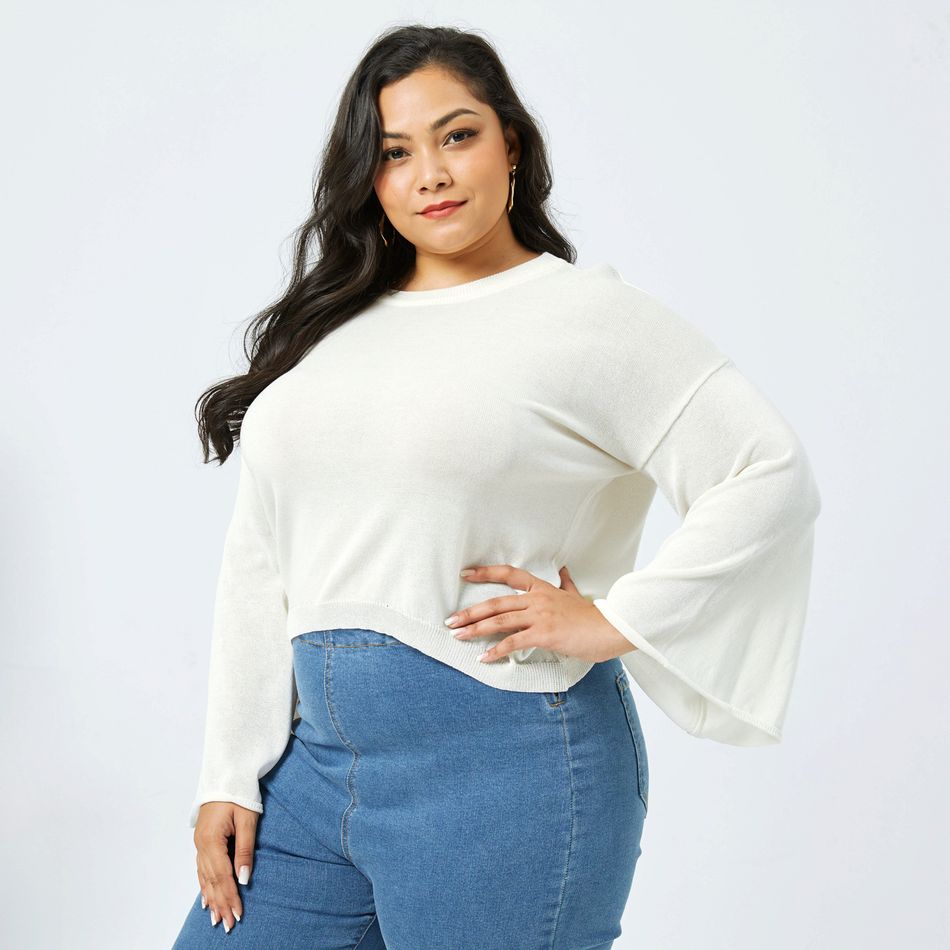 Women Plus Size Casual Round-collar White Crop Sweater White big image 2
