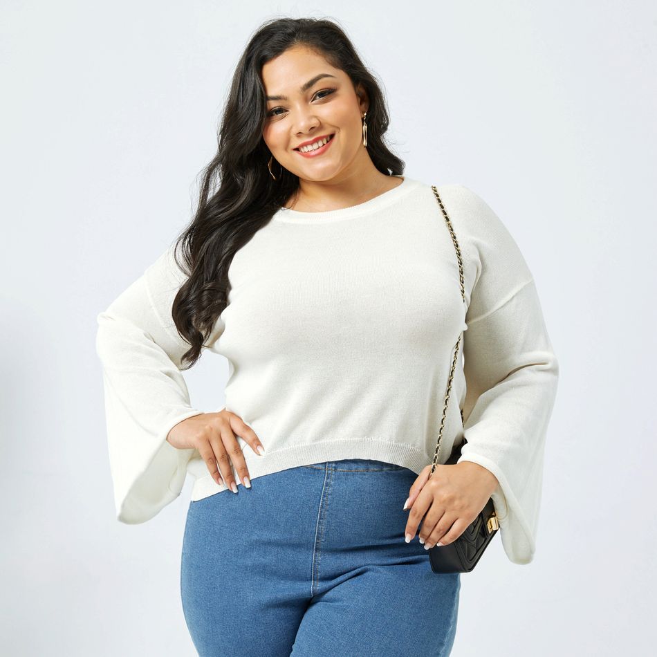 Women Plus Size Casual Round-collar White Crop Sweater White big image 3