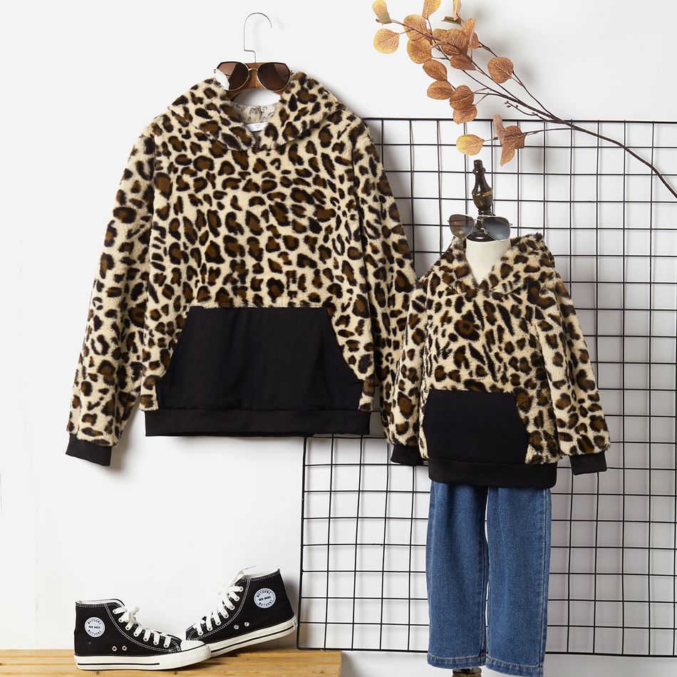 Leopard Print Splice Black Pocket Long-sleeve Fleece Hoodies for Mom and Me Multi-color