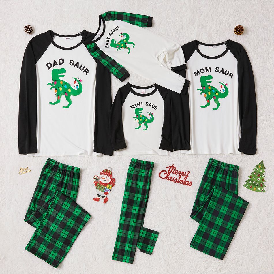Christmas Green Dinosaur and Letter Print Family Matching Long-sleeve Pajamas Sets (Flame Resistant) Green/White