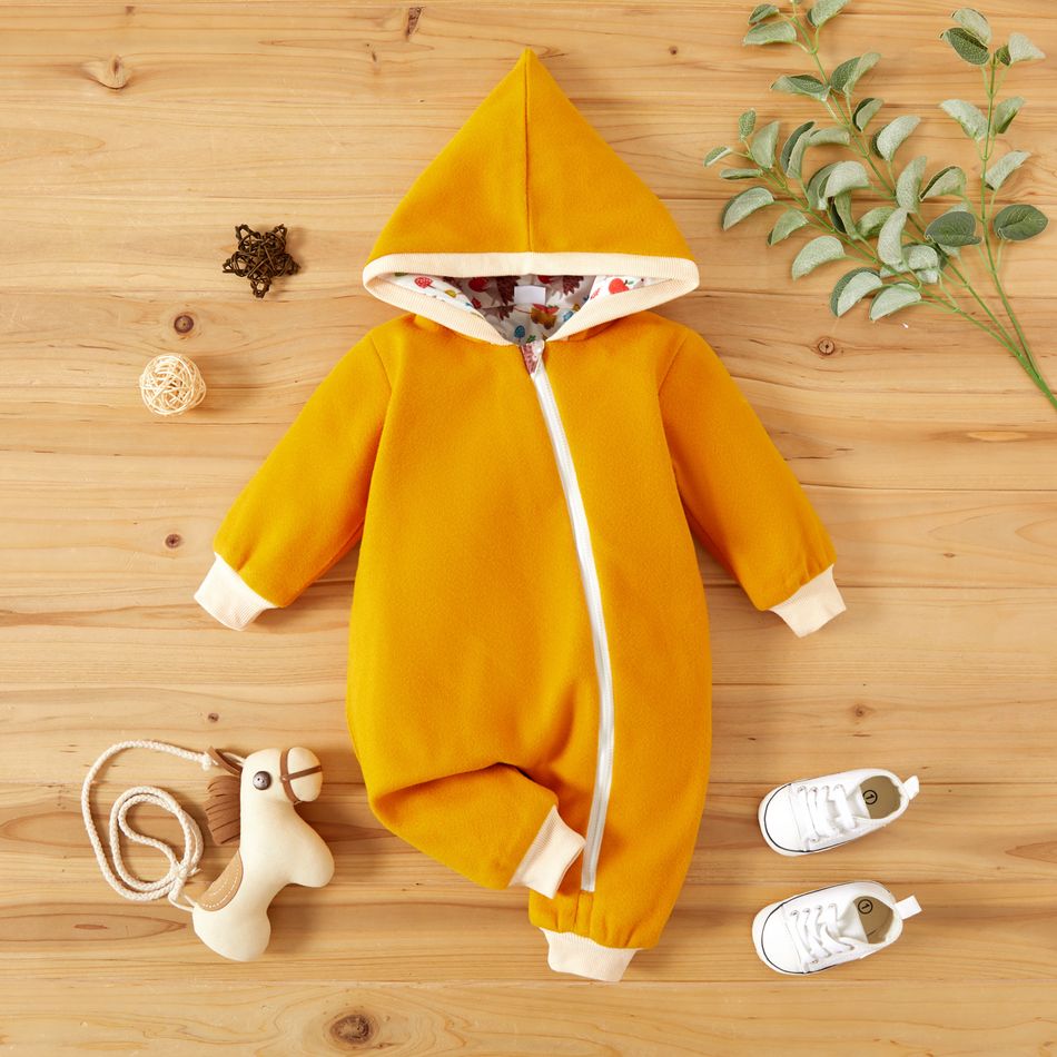 Solid Long-sleeve Hooded Wool Blend Baby Jumpsuit Ginger big image 2