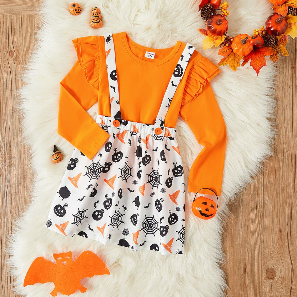 2-piece Kid Girl Halloween Ruffled Long-sleeve Top and Pumpkin Bat Spider Web Print Suspender Skirt Set Orange