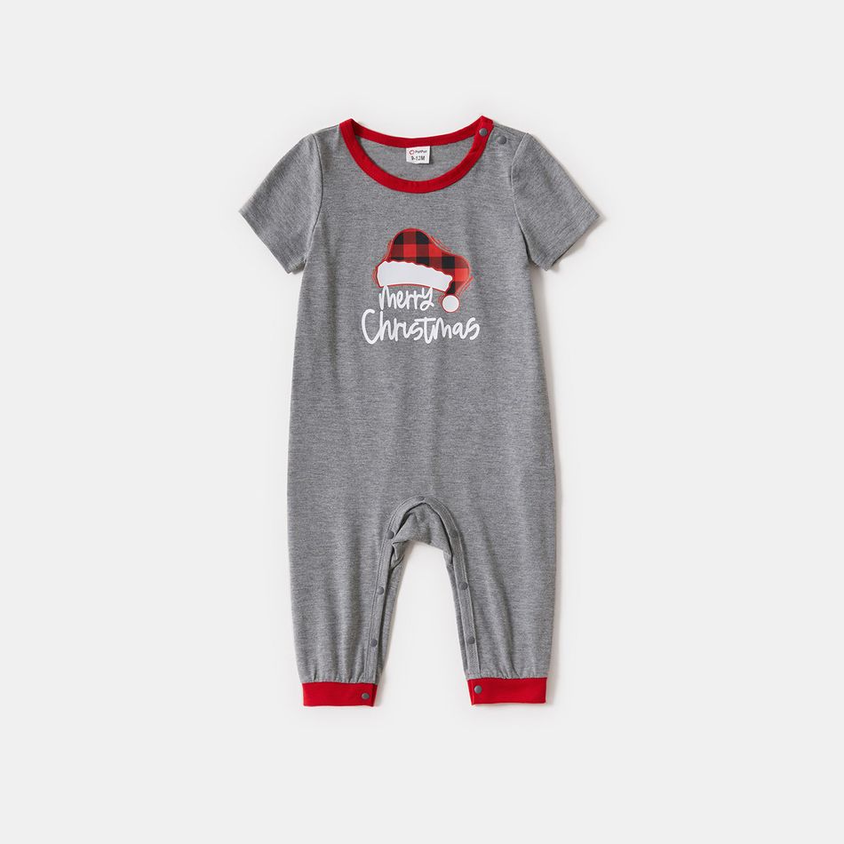 Christmas Plaid Hat and Letter Print Gray Family Matching Short-sleeve Pajamas Sets (Flame Resistant) Light Grey big image 15
