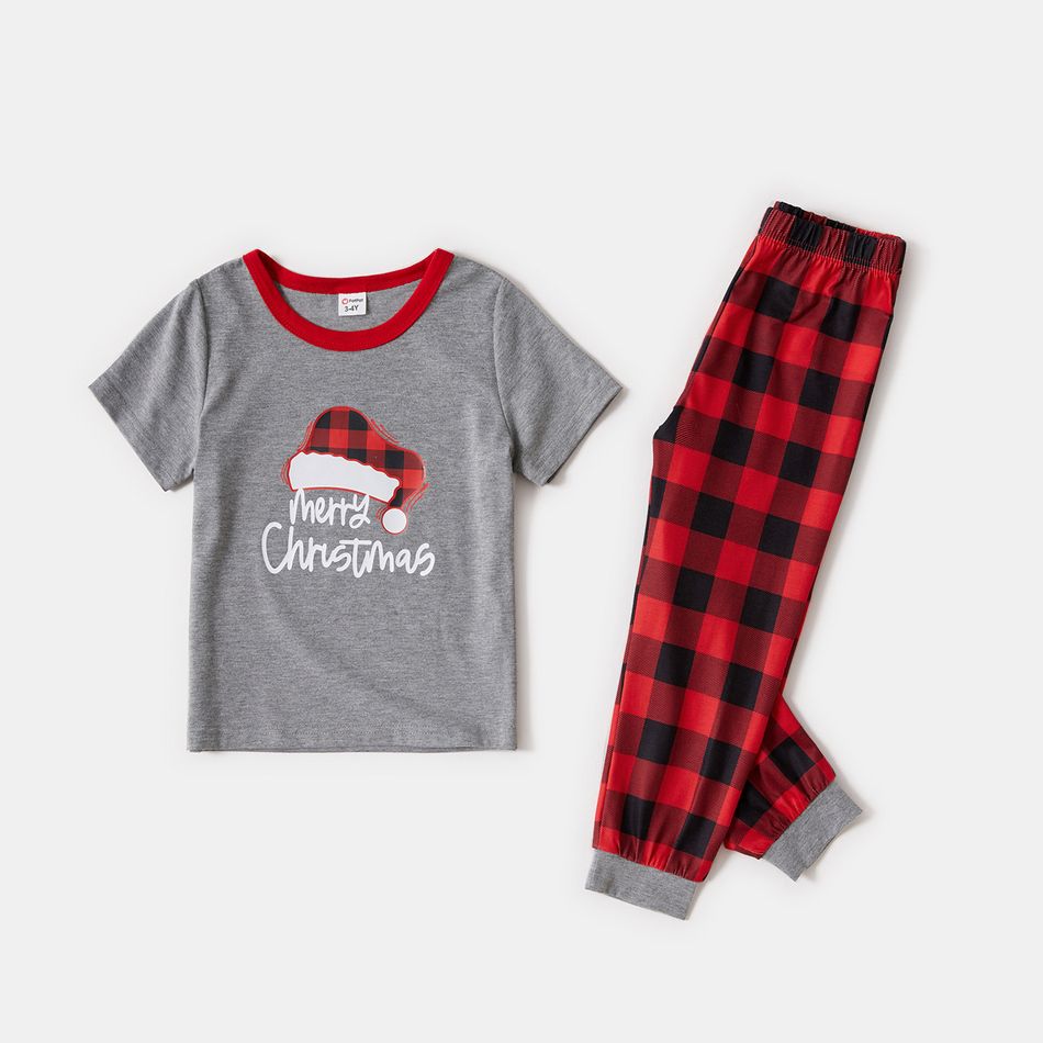 Christmas Plaid Hat and Letter Print Gray Family Matching Short-sleeve Pajamas Sets (Flame Resistant) Light Grey big image 13