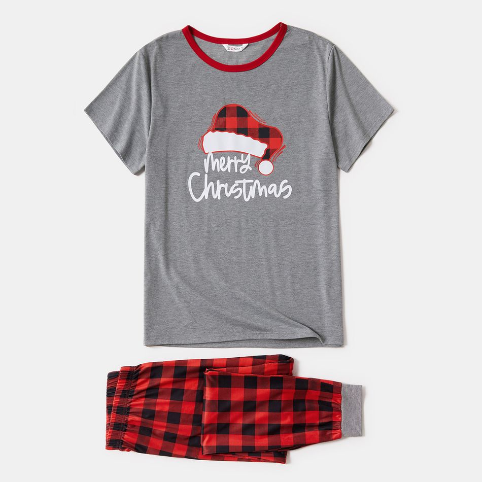 Christmas Plaid Hat and Letter Print Gray Family Matching Short-sleeve Pajamas Sets (Flame Resistant) Light Grey big image 10