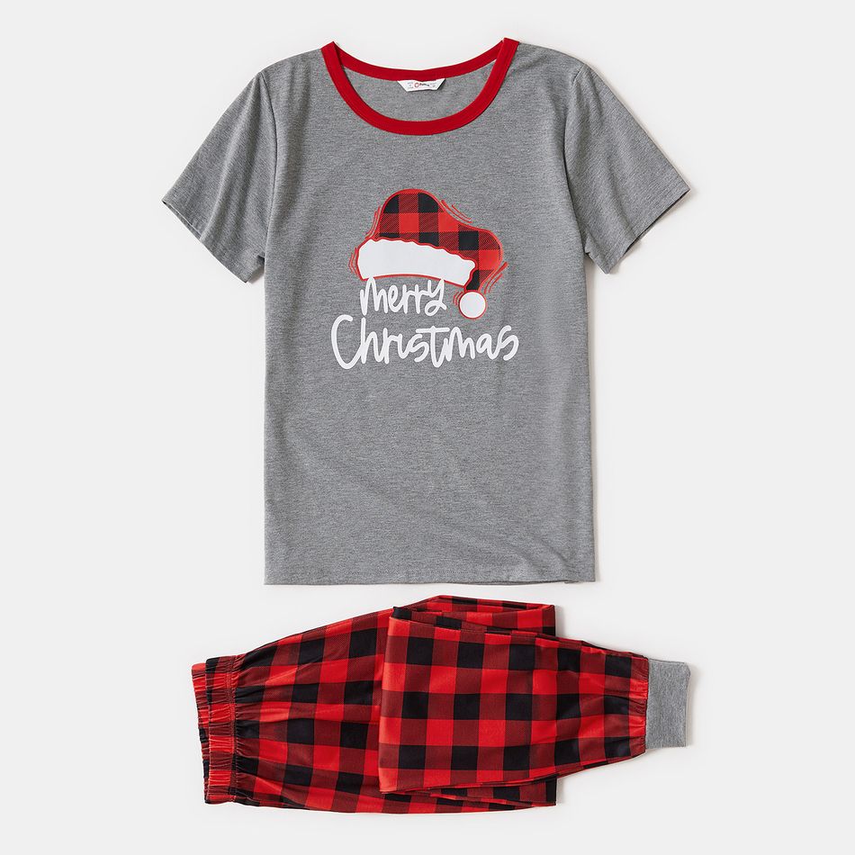 Christmas Plaid Hat and Letter Print Gray Family Matching Short-sleeve Pajamas Sets (Flame Resistant) Light Grey big image 12