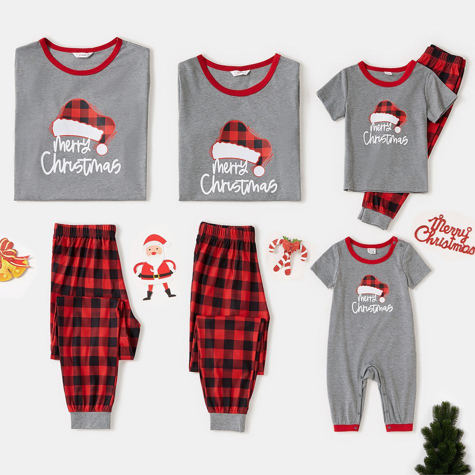 Christmas Plaid Hat and Letter Print Gray Family Matching Short-sleeve Pajamas Sets (Flame Resistant) Light Grey big image 8