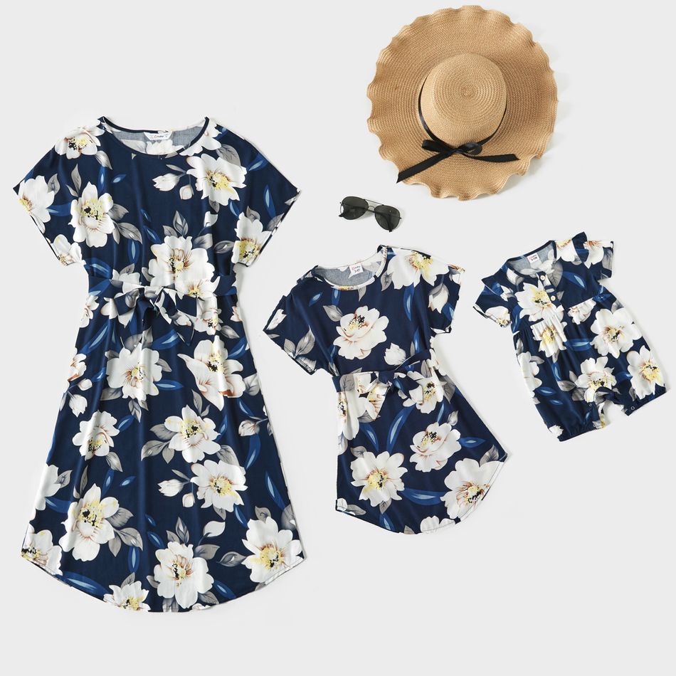 Floral Print Navy Short-sleeve Round Neck Belted Dress for Mom and Me Dark Blue