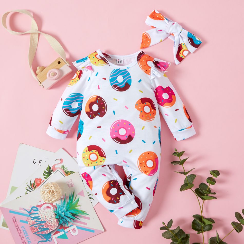2pcs Baby Girl All Over Donut Print White Ruffle Long-sleeve Jumpsuit Set Color block