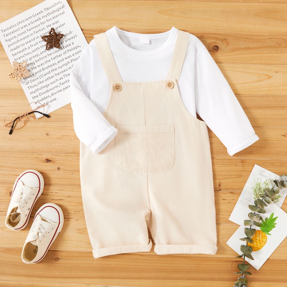 2-piece Toddler Girl/Boy Long-sleeve White T-shirt and Button Design Mesh Pocket Solid Overalls Set Beige