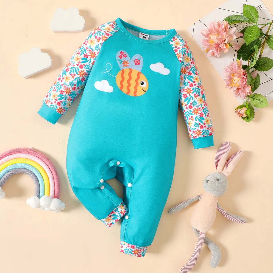 Baby Girl Cartoon Bee Print Green Long-sleeve Jumpsuit Green