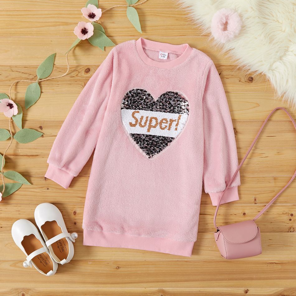 Kid Girl Flip Sequin Heart Pattern Sweatshirt Dress/  100% Cotton Denim Leggings Pink big image 5
