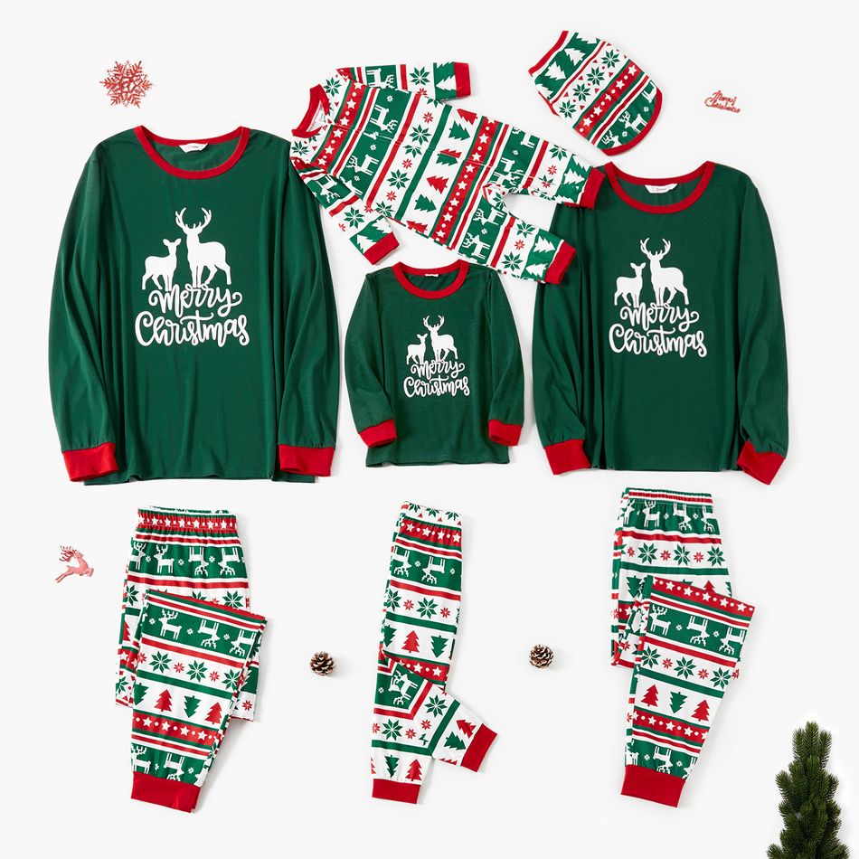 Christmas Deer and Letter Print Green Family Matching Long-sleeve Pajamas Sets (Flame Resistant) Dark Green