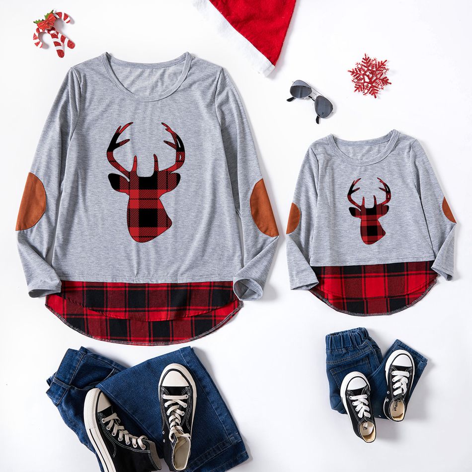 Christmas Deer Splice Red Plaid Print Gray Long-sleeve T-shirts for Mom and Me Grey