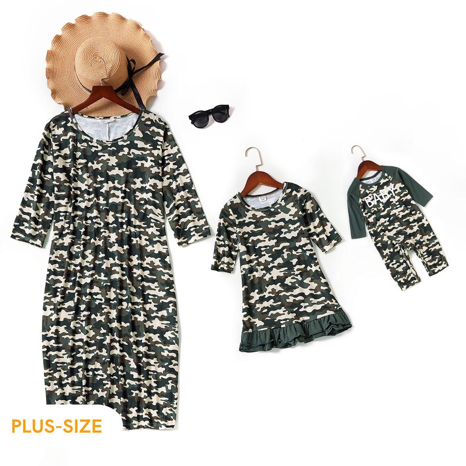 Allover Camouflage Print Three Quarter Sleeve Midi Dress for Mom and Me Army green