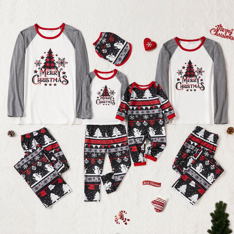 Christmas Tree Snowflake and Letters Print Grey Family Matching Long-sleeve Pajamas Sets (Flame Resistant) Grey big image 1