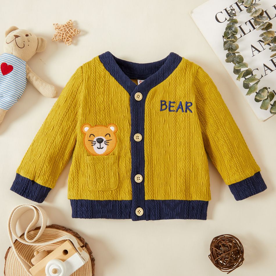 Baby Boy Cartoon Bear Face and Letter Print Embroidered Long-sleeve Cardigan Ginger