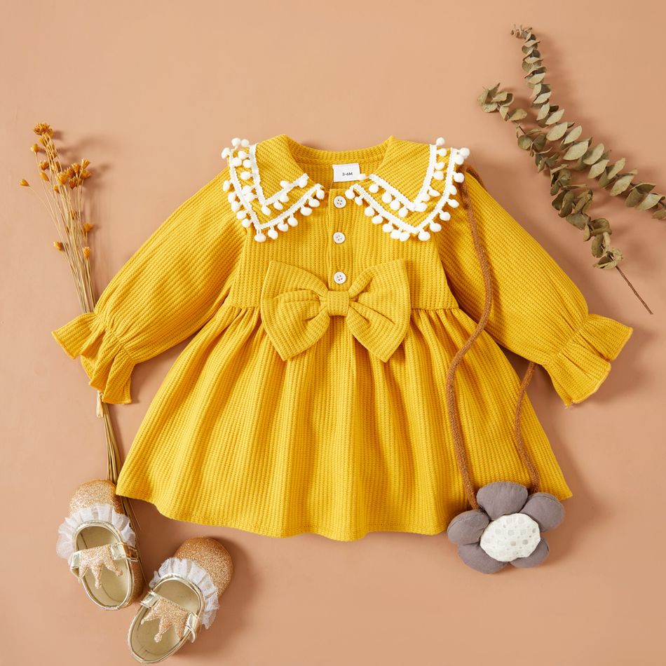Solid Yellow Long-sleeve Waffle Pompom Decor Bowknot Baby Dress Yellow