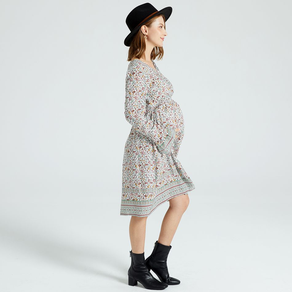 Maternity Floral Print V-neck Long-sleeve Dress White