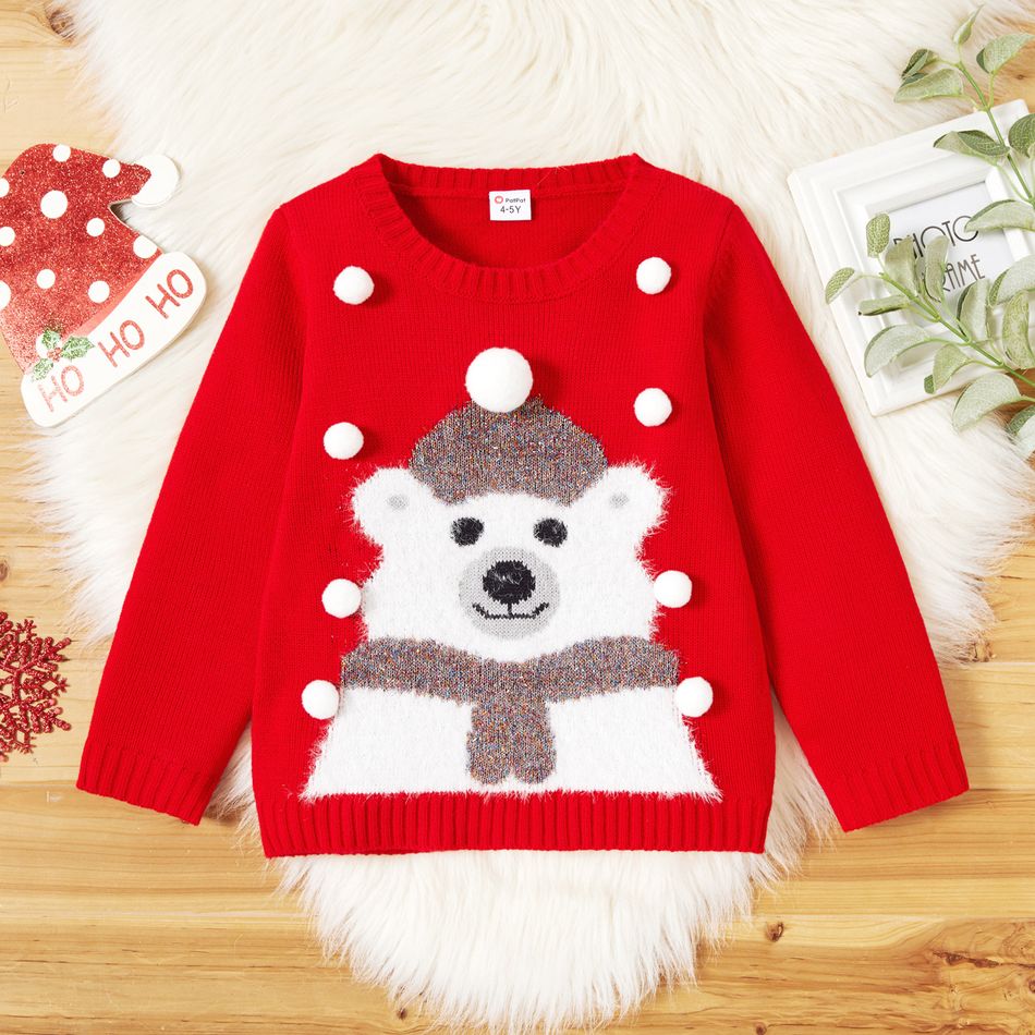 Toddler Girl/Boy Christmas Bear Snowman Pattern Pompom Design Sweater Red