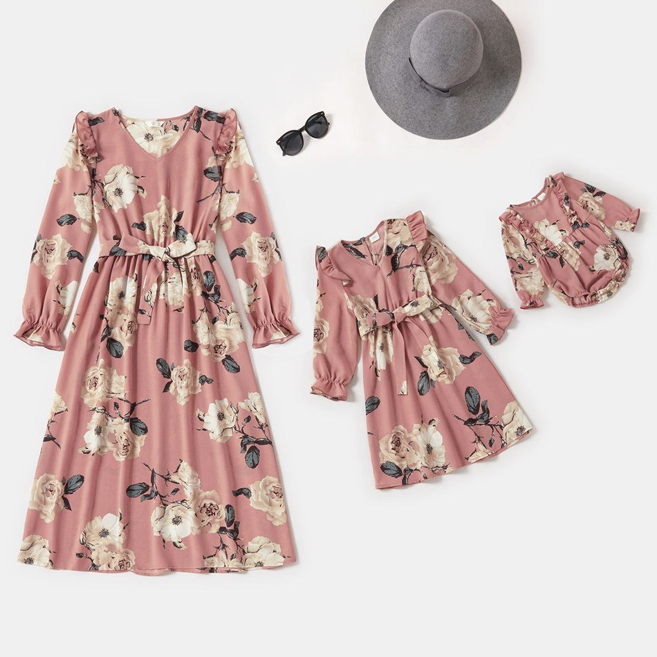 Pink Floral Print Ruffle Long-sleeve Midi Dress for Mom and Me Pink