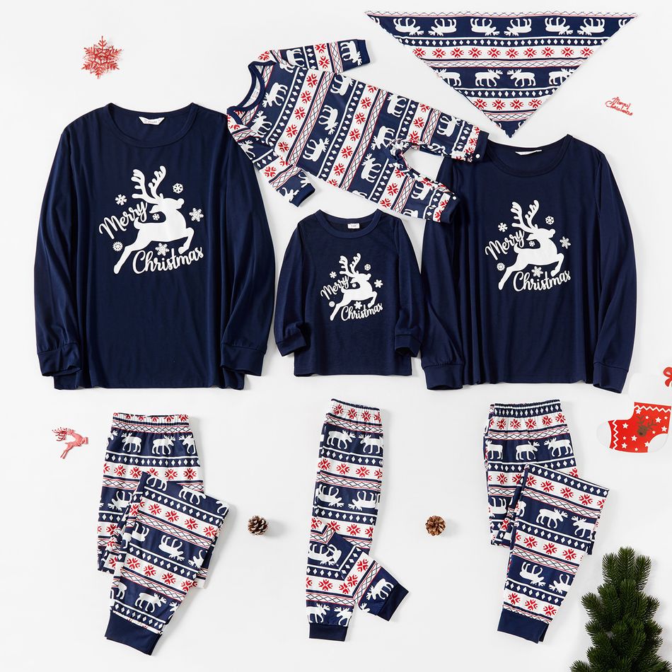 Christmas Deer and Letters Print Navy Family Matching Long-sleeve Pajamas Sets (Flame Resistant) Dark Blue