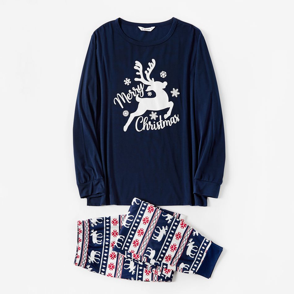 Christmas Deer and Letters Print Navy Family Matching Long-sleeve Pajamas Sets (Flame Resistant) Dark Blue big image 3