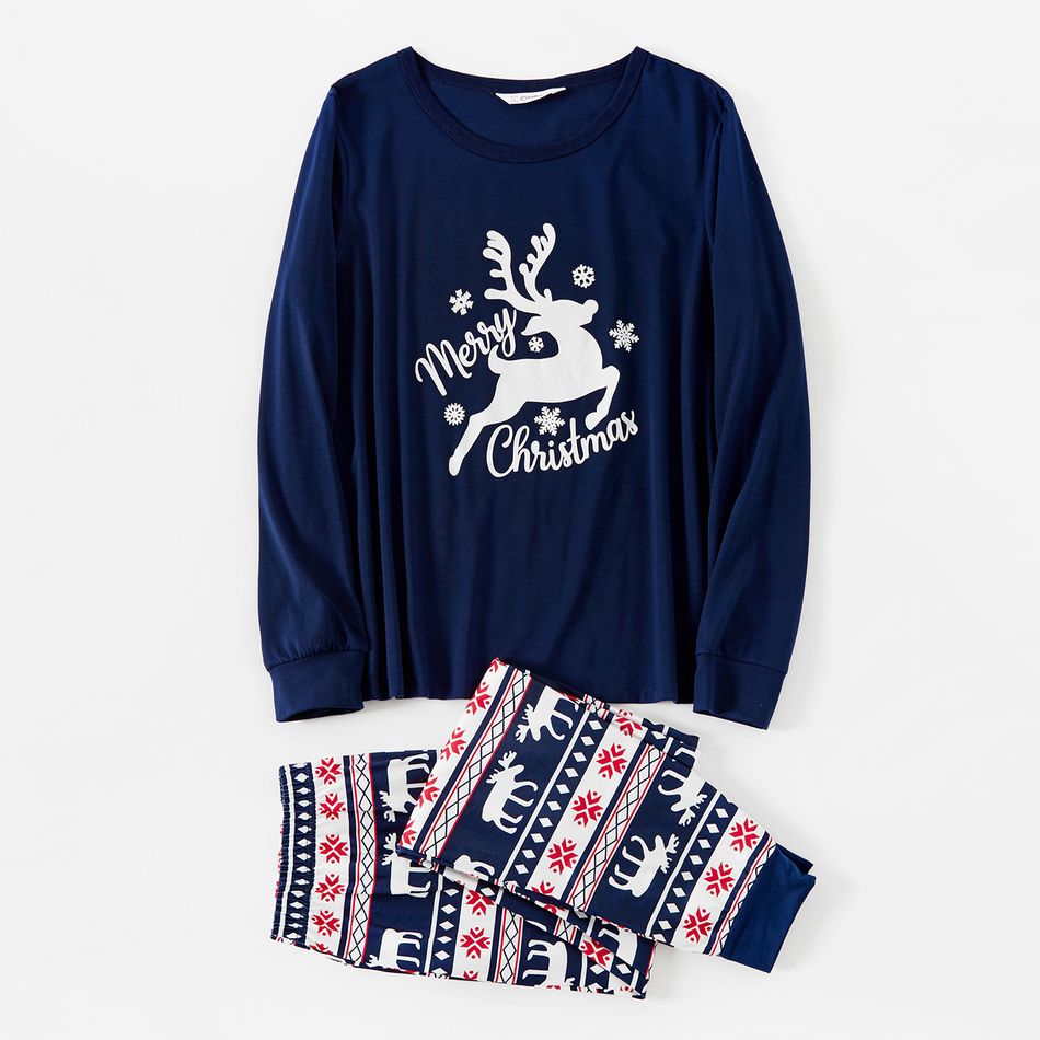 Christmas Deer and Letters Print Navy Family Matching Long-sleeve Pajamas Sets (Flame Resistant) Dark Blue big image 2