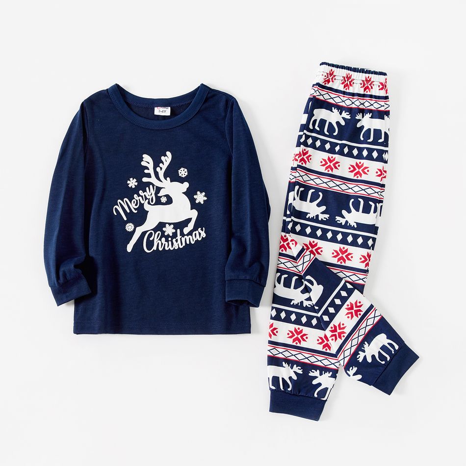 Christmas Deer and Letters Print Navy Family Matching Long-sleeve Pajamas Sets (Flame Resistant) Dark Blue big image 4