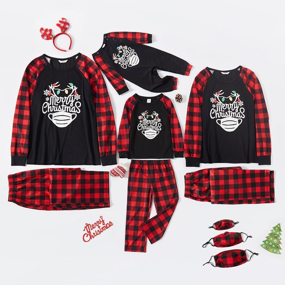 Christmas Letters and Face Mask Print Plaid Family Matching Long-sleeve Pajamas Sets (Flame Resistant) Red