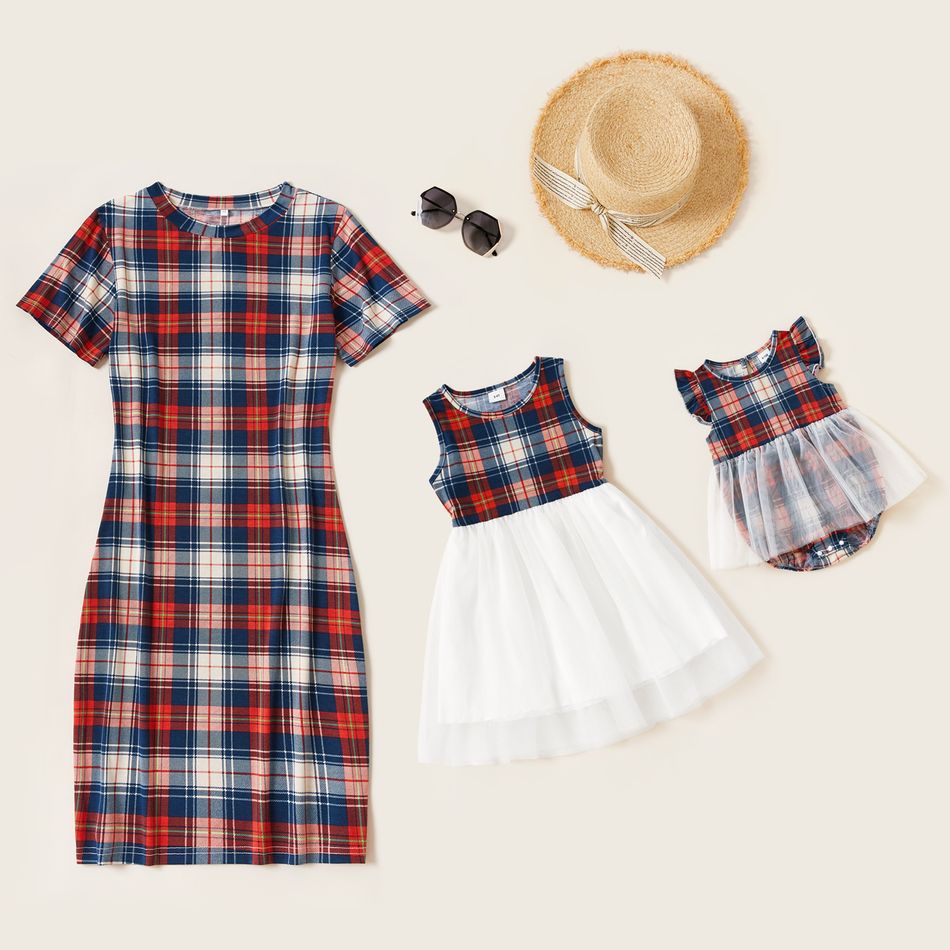 Plaid Short-sleeve Sheath Pencil Bodycon Midi Dress for Mom and Me Color block