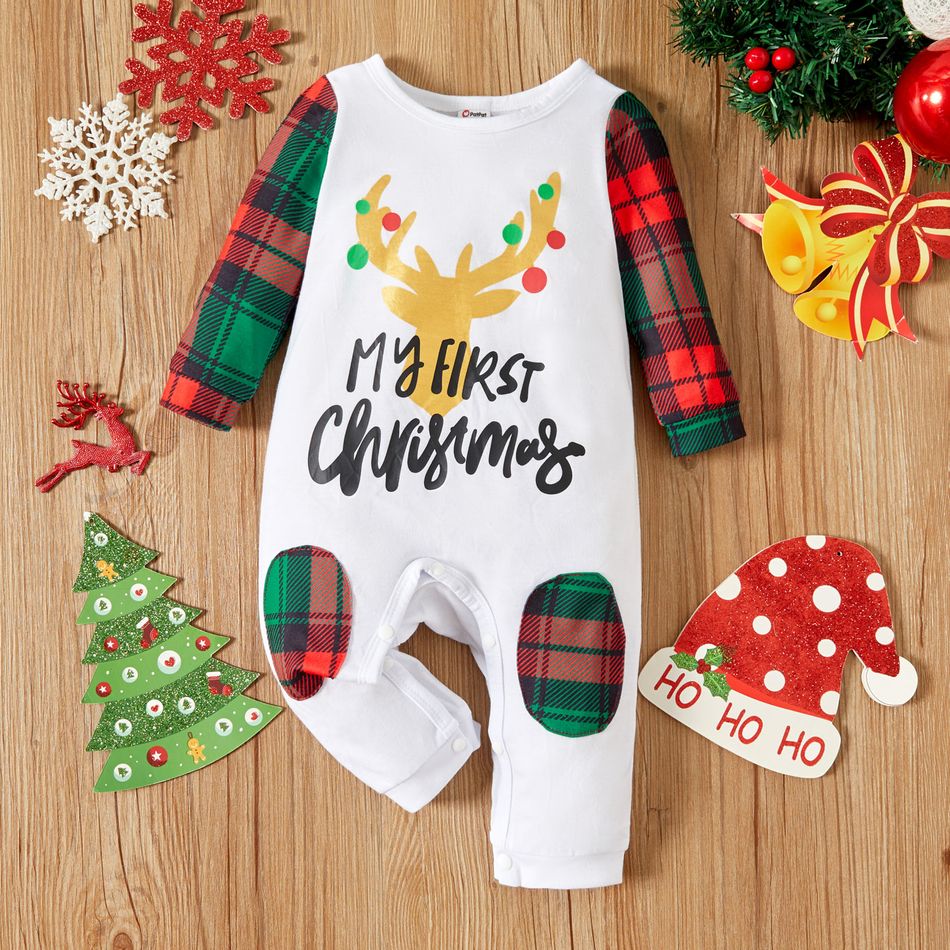 Christmas Deer and Letter Print Baby Boy/Girl Plaid Splicing Long-sleeve Jumpsuit White