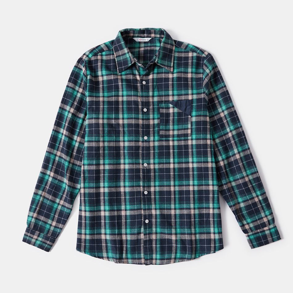 Family Matching Long-sleeve Button Down Blue Mesh Splicing Plaid Dresses and Shirts Sets Royal Blue big image 8