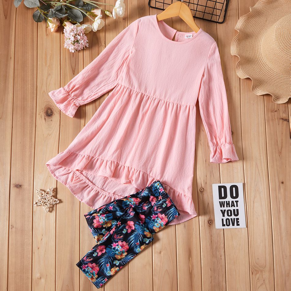 2-piece Kid Kid Girl Ruffle Hem High Low Pink Dress and Floral Print Leggings Set Pink