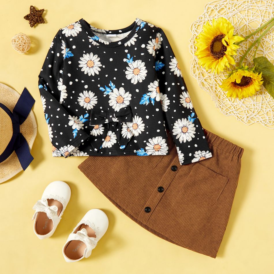 2-piece Toddler Girl Floral Print Long-sleeve Tee and Button Design Brown Skirt Set Khaki