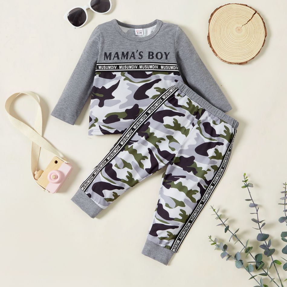 2pcs Baby Boy Letter Print Grey Camouflage Long-sleeve Sweatshirts and Trousers Set Grey