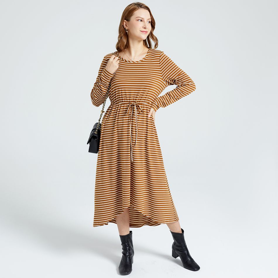 Stripe Lace-up Round-collar Long-sleeve Midi Dress Brown