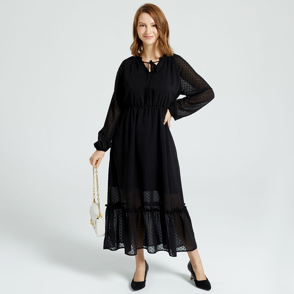 Black Swiss Dot Print V-neck Long-sleeve Tiered Midi Dress Black