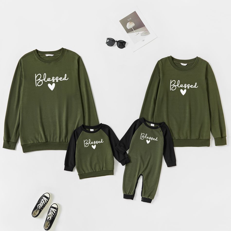 Letter and Love Heart Print Army Green Family Matching Long-sleeve Sweatshirts Army green
