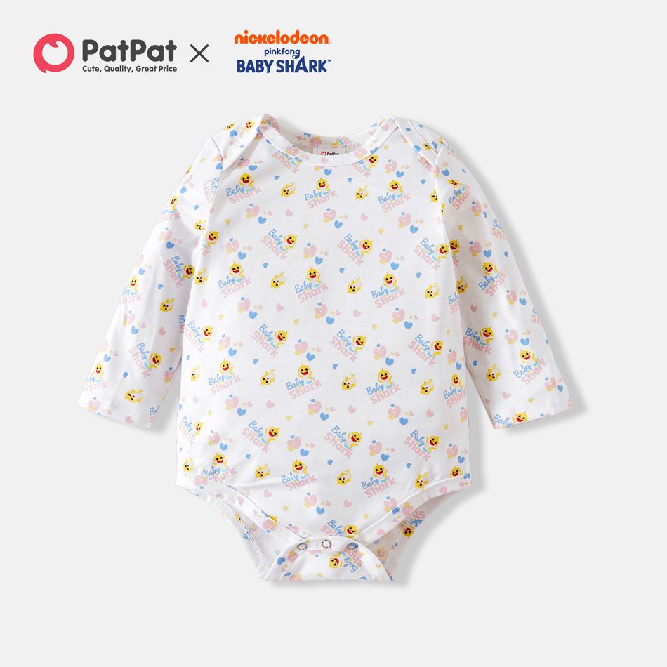 Baby Shark Baby Girl Heart Allover Hooded Coat Bodysuit and Stripe Pants White