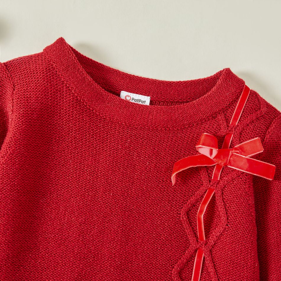 Baby Girl Bowknot Long-sleeve Knitting Sweater Romper Red big image 2