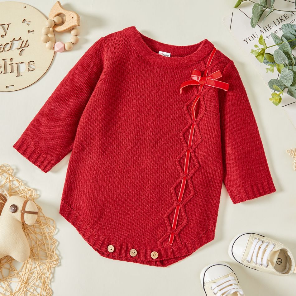 Baby Girl Bowknot Long-sleeve Knitting Sweater Romper Red