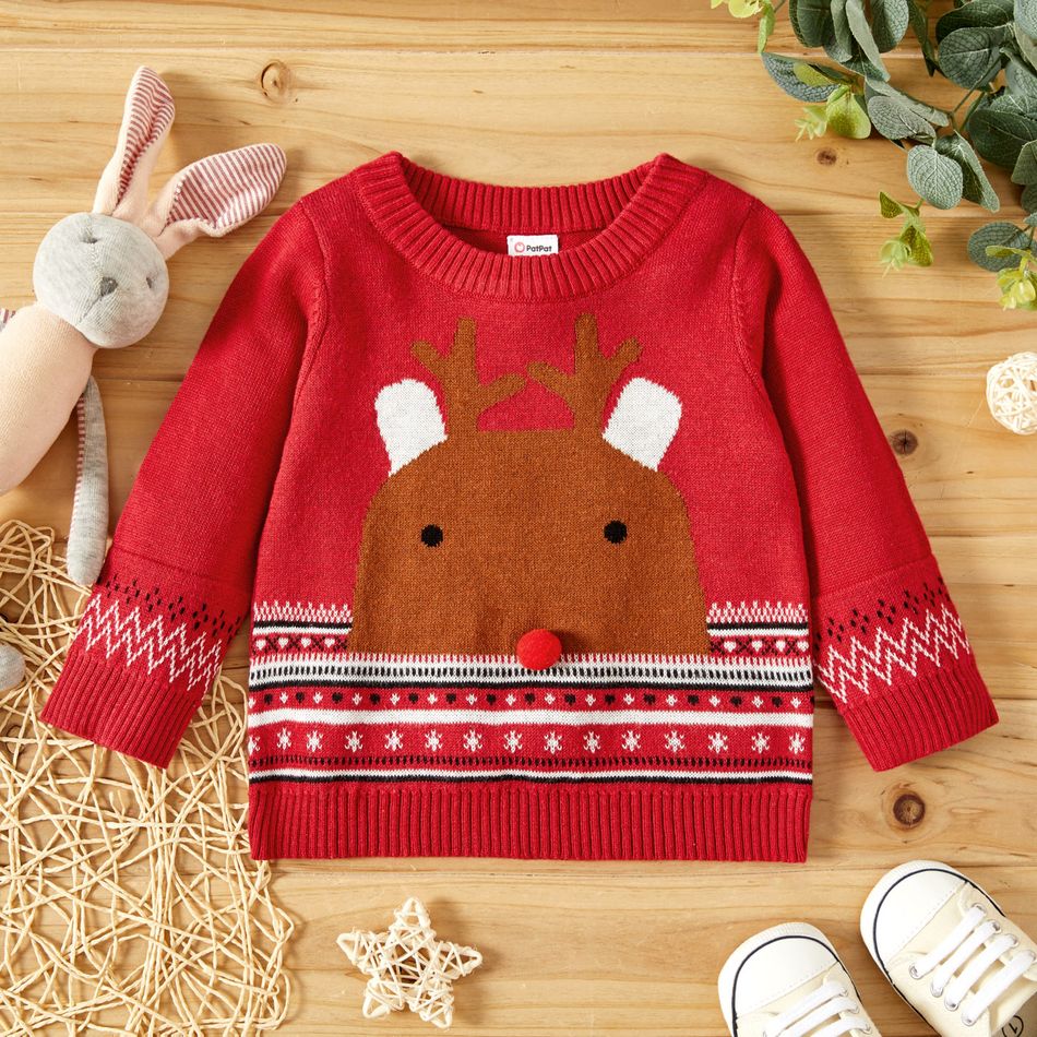 Christmas Reindeer Pattern Baby Boy/Girl Red Long-sleeve Knitted Sweater Pullover Red