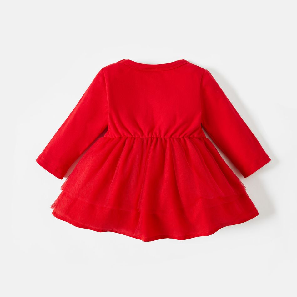 Christmas Baby Girl 95% Cotton Long-sleeve Snowflake & Letter Print Red Mesh Dress Red big image 2
