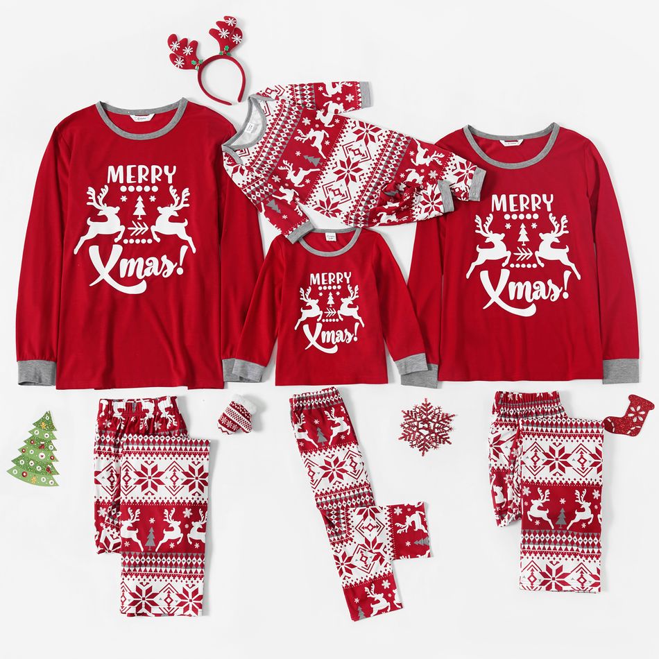 Merry Xmas Deer and Letter Print Red Family Matching Long-sleeve Pajamas Set (Flame Resistant) Red/White