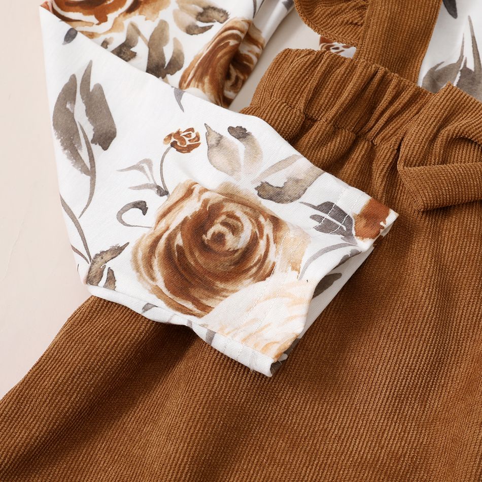 2-piece Kid Girl Floral Print Long-sleeve Tee and Bowknot Ruffled Corduroy Suspender Skirt Set Multi-color big image 4