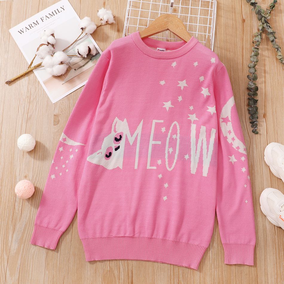 Kid Girl Letter Stars Cat Print Knit Sweater Pink