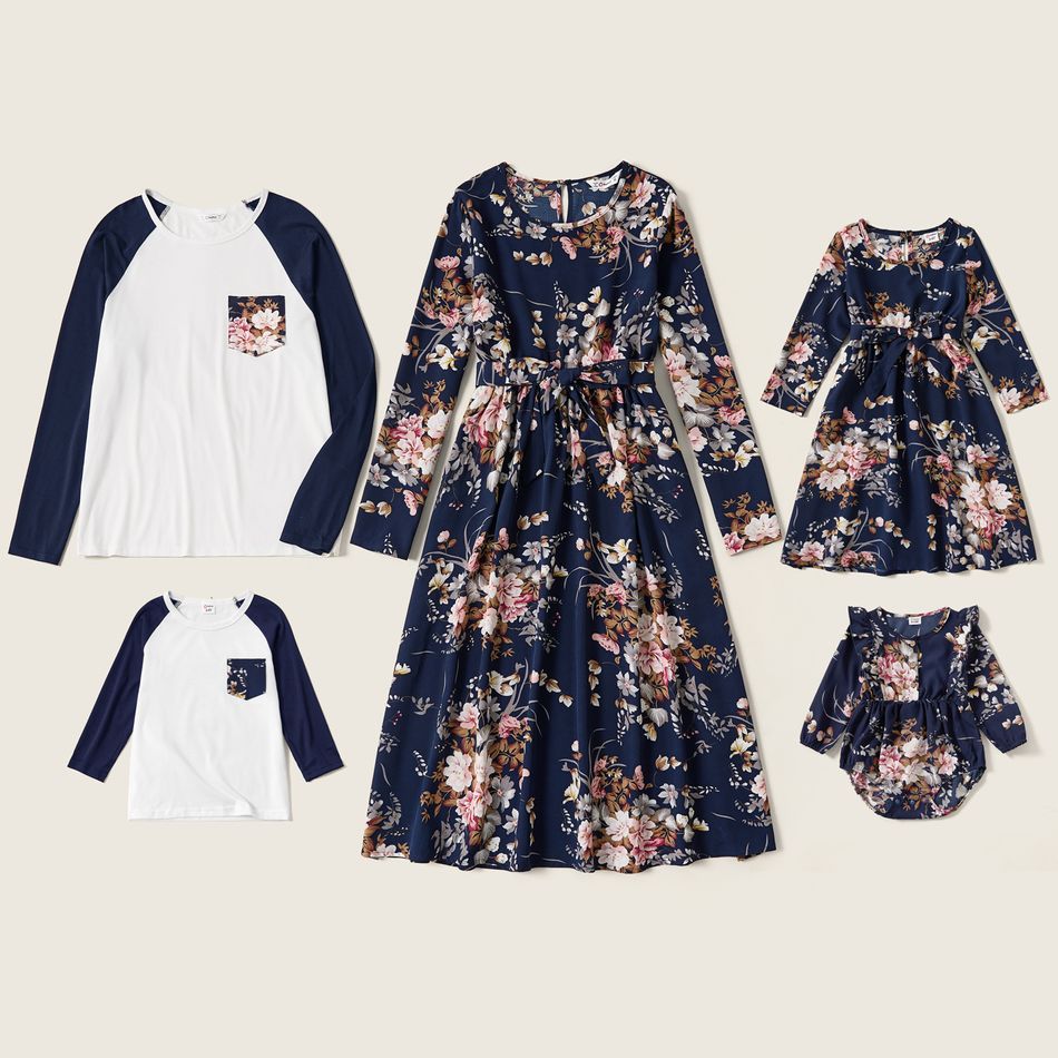 Floral Print Family Matching Sets（Long-sleeve Belted Midi Dresses and T-shirts） Royal Blue